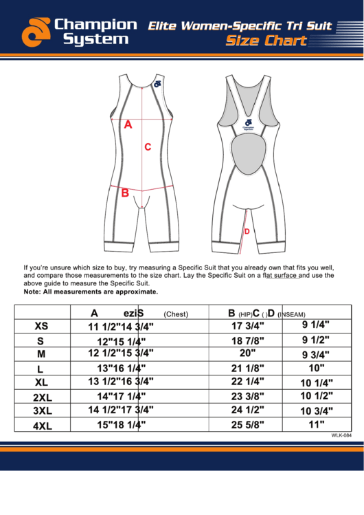 Champion System Elite Women-Specific Tri Suit Size Chart Printable pdf