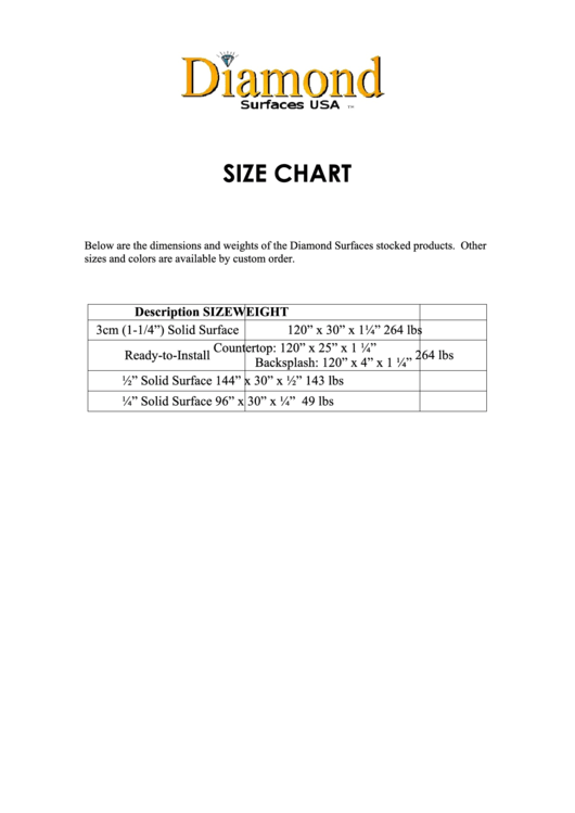 Diamond Surfaces Usa Size Chart Printable pdf