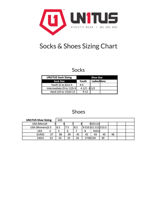Unitus Socks & Shoes Sizing Chart Printable pdf