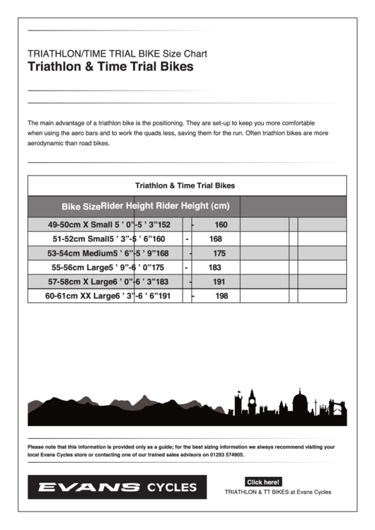 Triathlon/time Trial Bike Size Chart printable pdf download