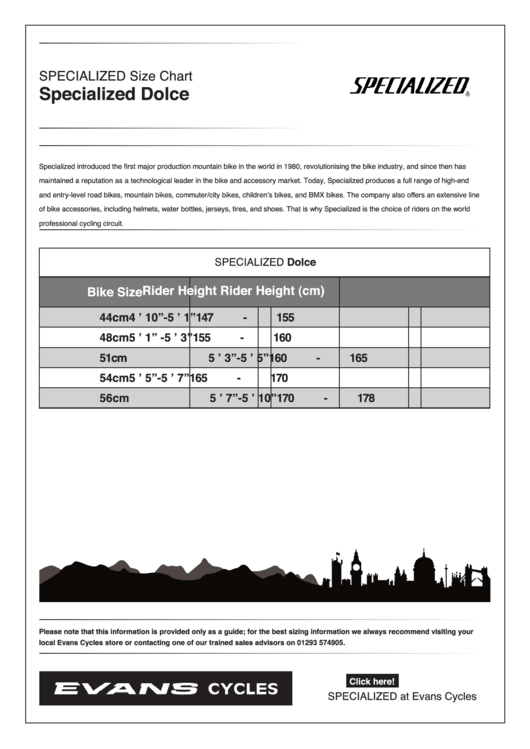 Specialized Dolce Bike Size Chart printable pdf download