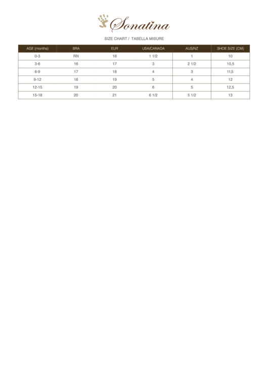 Sonatina Size Chart / Tabella Misure Printable pdf