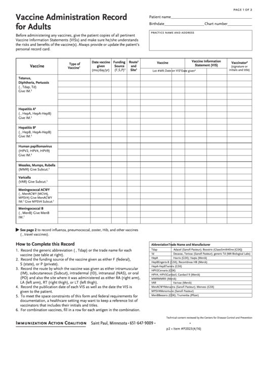 Vaccine Administration Record For Adults Printable pdf