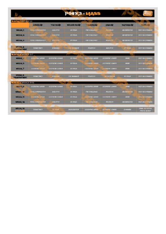 P90x3 Mass Calendar Printable pdf