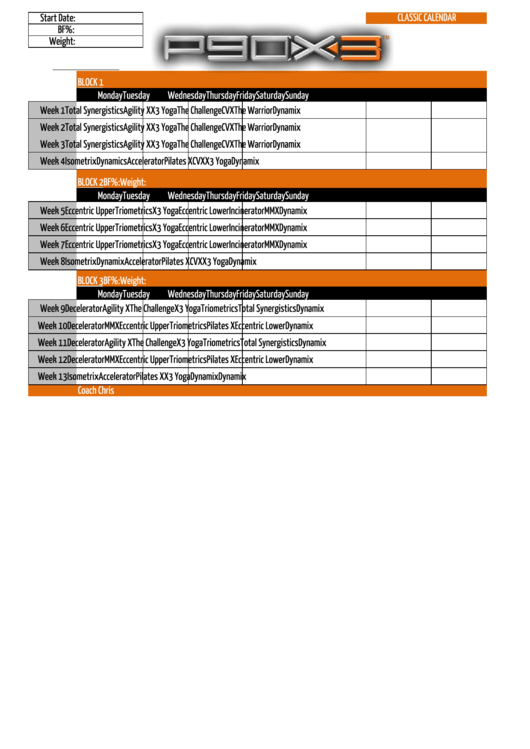 P90x3 Workout Schedule Template - Classic Calendar Printable pdf