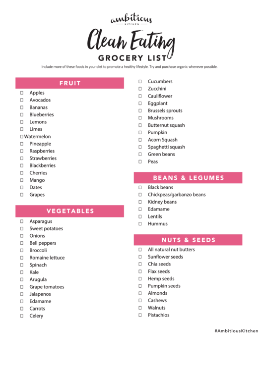 Clean Eating Grocery List printable pdf download