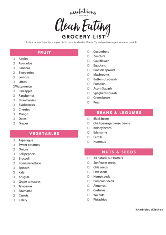 Clean Eating Grocery List Printable pdf