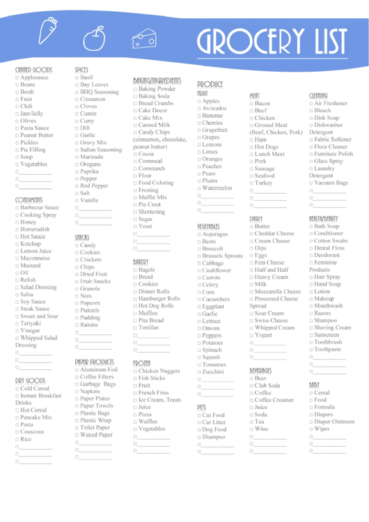 Grocery List Template printable pdf download