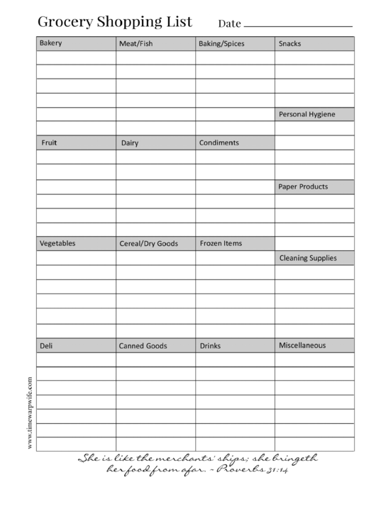 Grocery Shopping List Template printable pdf download
