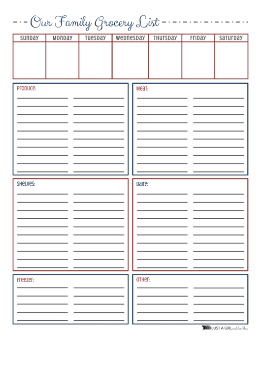 Our Family Grocery List Template (Red/blue) Printable pdf