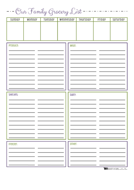 Our Family Grocery List Template (Purple/green) Printable pdf