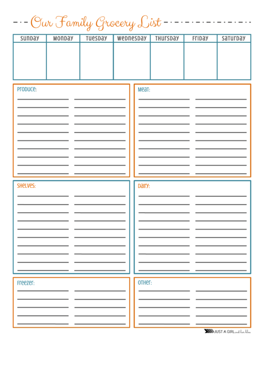 Our Family Grocery List Template (Orange/blue) Printable pdf