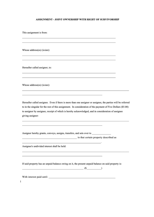 Assignment - Joint Ownership With Right Of Survivorship Printable pdf