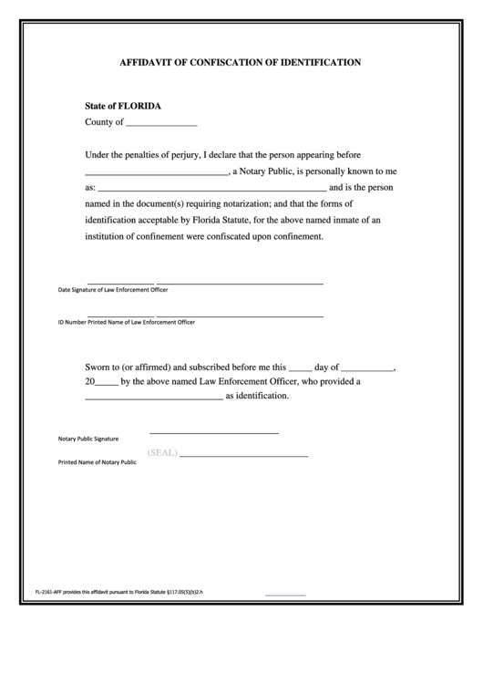 Affidavit Of Confiscation Of Identification Printable pdf