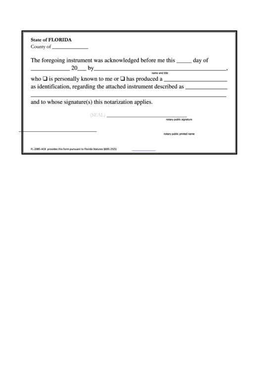 Form Fl-2085-Ack - Notary Form Printable pdf