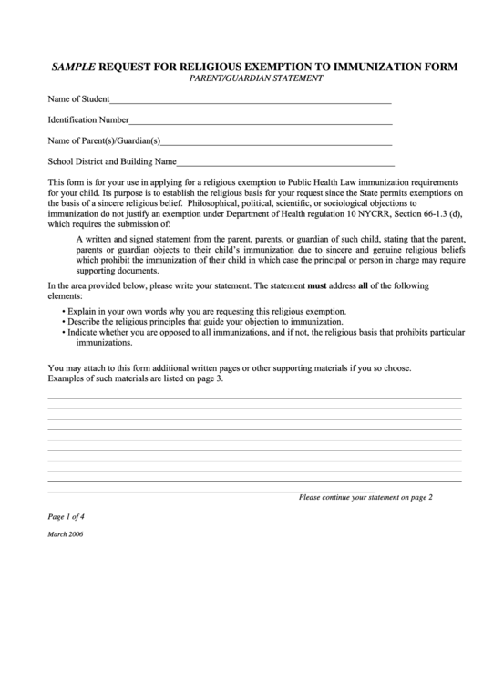 Sample Request For Religious Exemption To Immunization Form Printable pdf