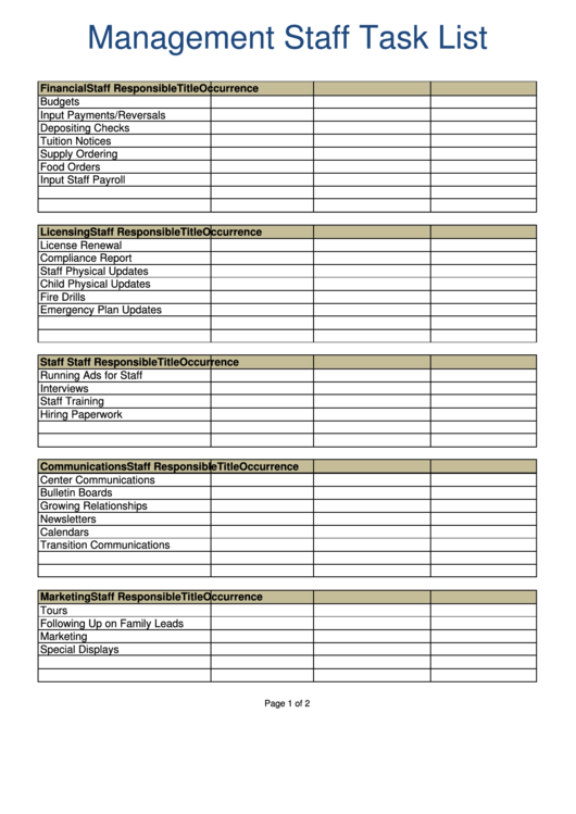 Management Staff Task List Printable pdf