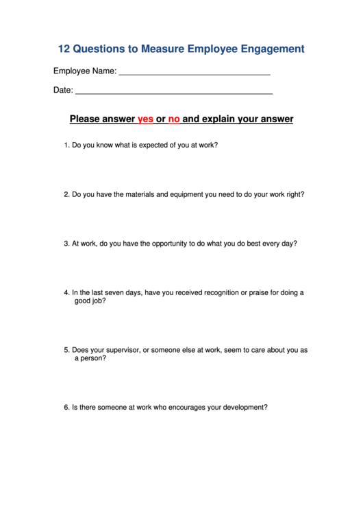 Questions To Measure Employee Engagement Template