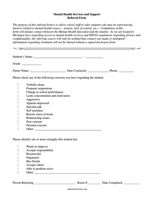 Mental Health Services And Support Referral Form Printable pdf