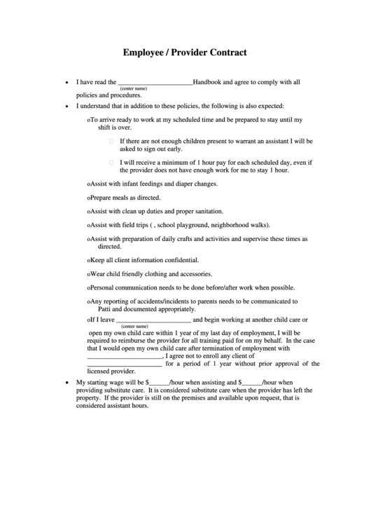 Employee / Provider Contract Printable pdf