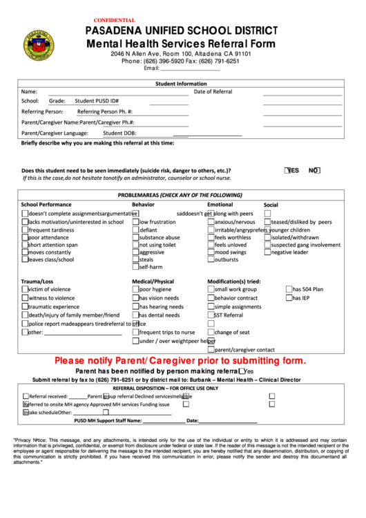 Mental Health Services Referral Form - Pasadena Unified School District