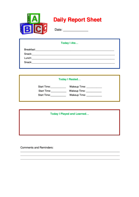 Daily Report Sheet For Children Printable pdf