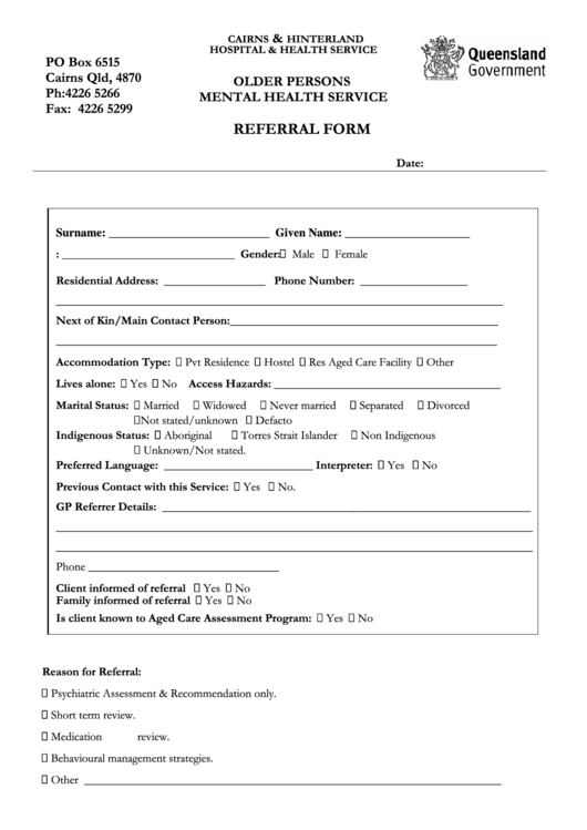 Older Persons Mental Health Service Referral Form - Cairns And Hinterland Printable pdf