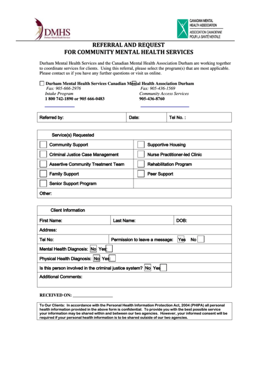 Referral And Request For Community Mental Health Services - Cmha And Dmhs Printable pdf