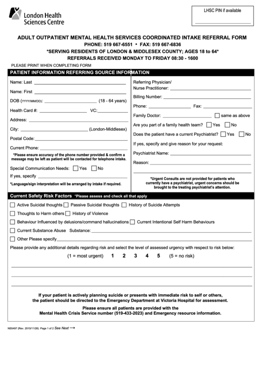 Adult Outpatient Mental Health Services Coordinated Intake Referral Form Printable pdf