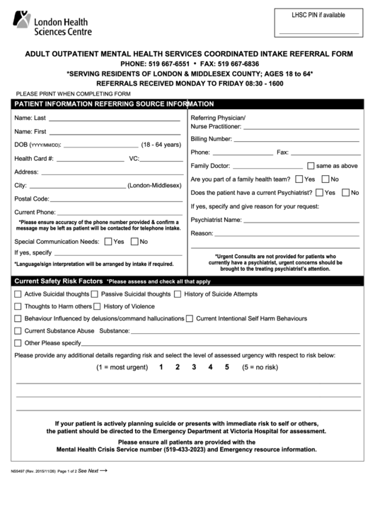 Adult Outpatient Mental Health Services Coordinated Intake Referral Form Printable Pdf Download