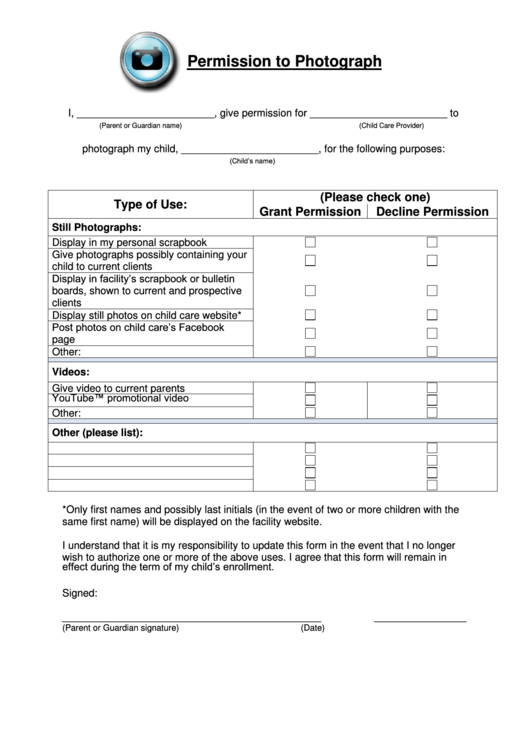 Permission To Photograph To Child Care Provider Printable pdf