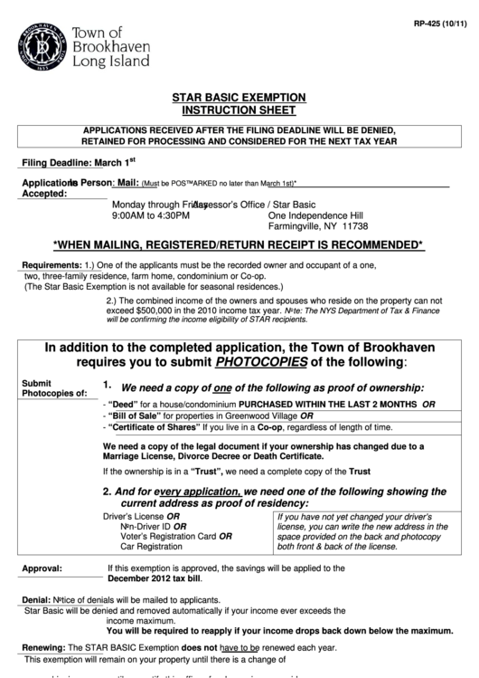 Town Of Brookhaven - Application For School Tax Relief (Star) Exemption Printable pdf