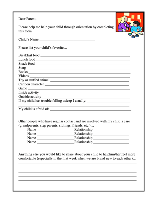 Child Care Form For Parents Printable pdf