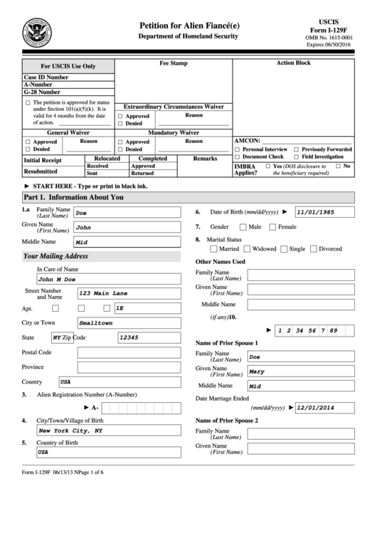 Fillable Form I 129f Petition For Alien Fiance E Printable Pdf Download