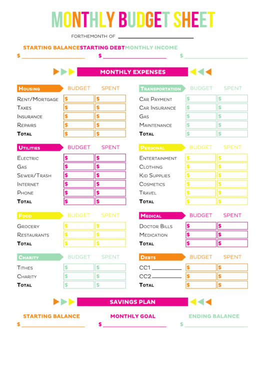 Monthly Budget Sheet Printable pdf