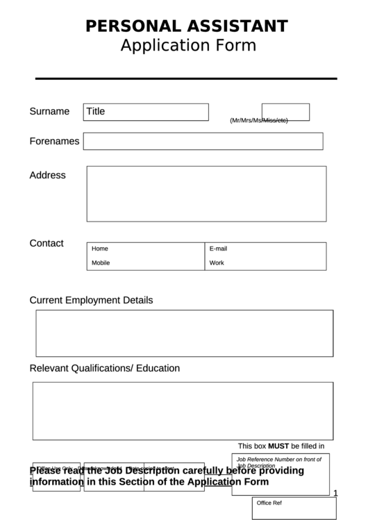Personal Assistant Application Form Printable pdf
