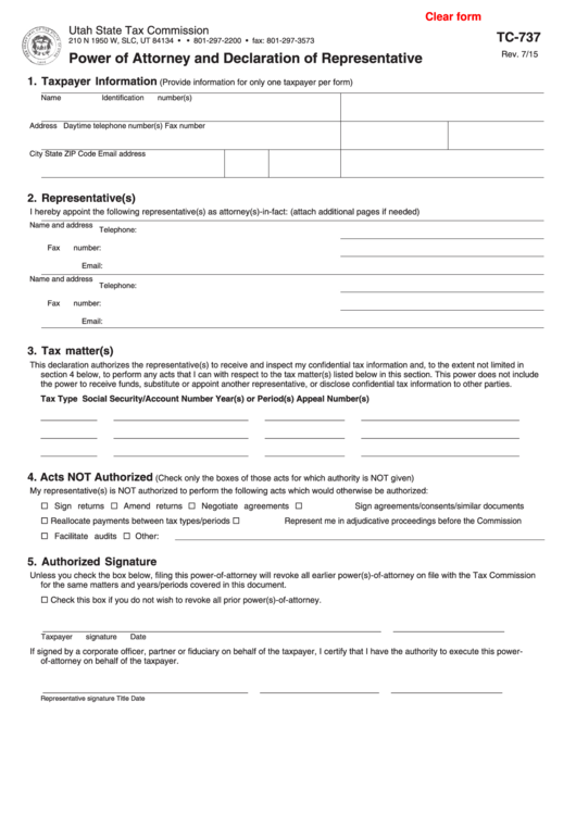 Fillable Tc-737 - Power Of Attorney And Declaration Of Representative Printable pdf