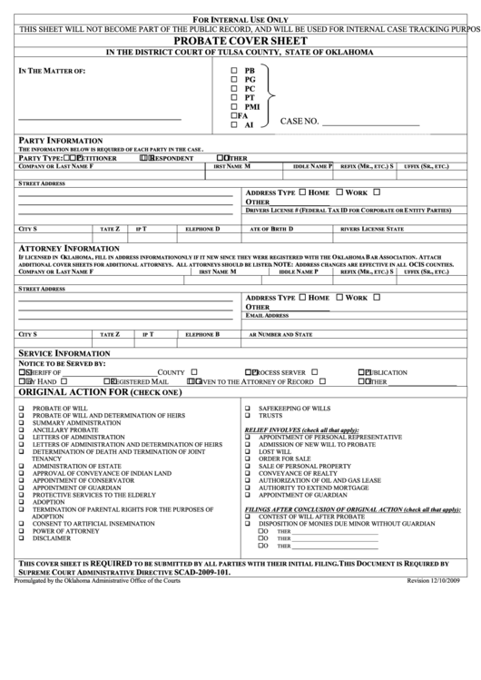 Probate Cover Sheet - Tulsa County Court Clerk Printable pdf