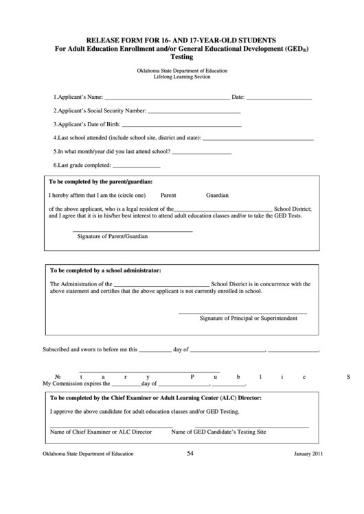 Fillable Release Form For 16- And 17-Year-Old - Ged Testing Service Printable pdf