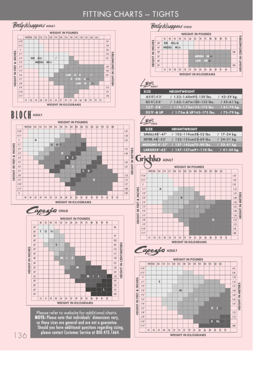 Mobile Ballet Tights Fitting Charts Printable pdf