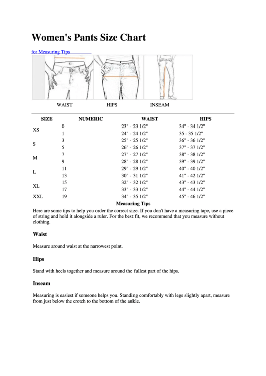 La-tex Associates Women's Pants Size Chart