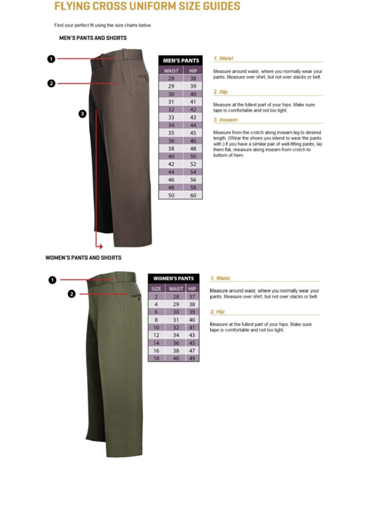 Flying Cross Uniform Size Chart Printable pdf