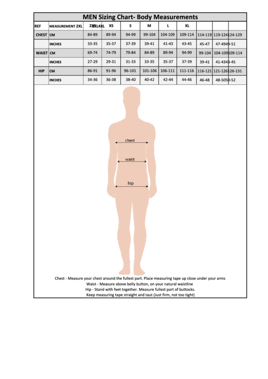 Men Sizing Chart- Body Measurements Printable pdf