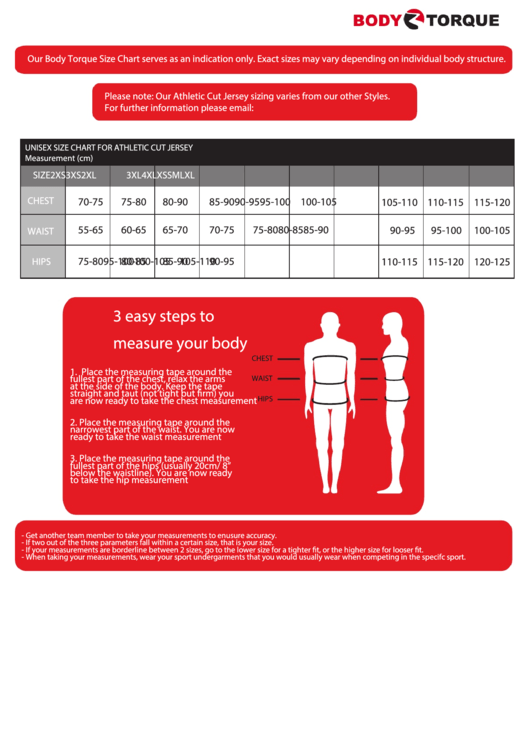 Body Torque Unisex Size Chart For Athletic Cut Jersey Printable pdf