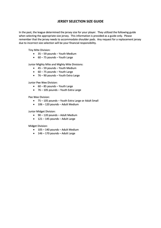 Universal Jersey Selection Size Guide Printable pdf