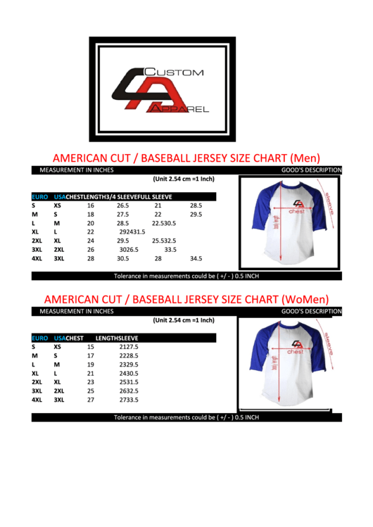 Custom Apparel American Cut/baseball Jersey Size Chart Printable pdf