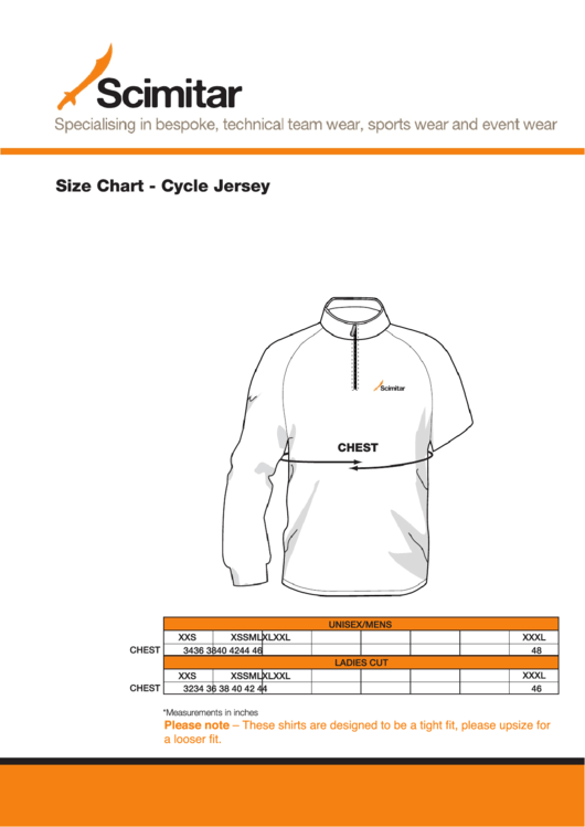 Scimitar Cycle Jersey Size Chart Printable pdf