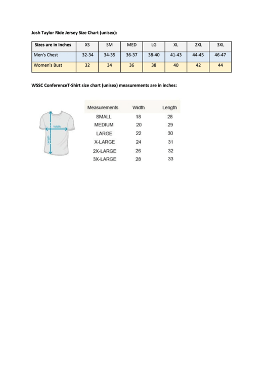 Josh Taylor Ride Jersey Size Chart (Unisex) Printable pdf