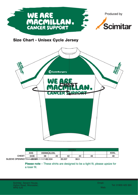 Scimitar Unisex Cycle Jersey Size Chart Printable pdf