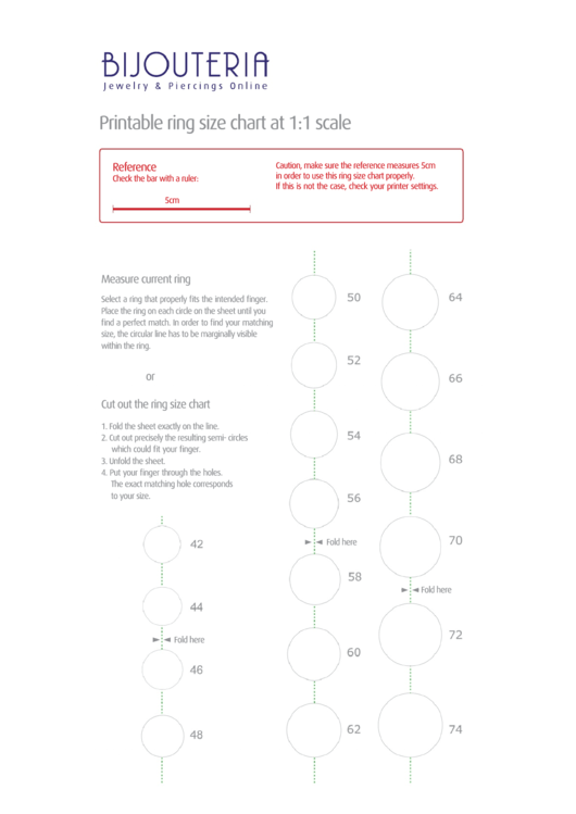 Bijouteria Ring Size Chart At 1:1 Scale Printable pdf